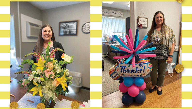 photo collage of River Haven Administrator with bouquet of flowers and balloons