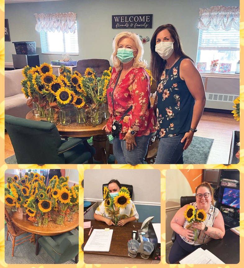 collage of photos, residents with bouquets of sunflowers