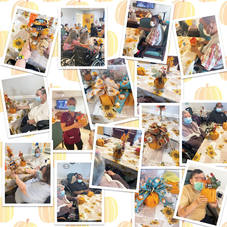 photo collage of residents and staff with fall crafts