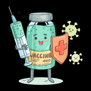 clipart image of vaccine vial with face, holding a shield and syringe.
