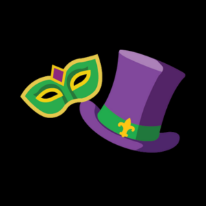 cartoon mardi gras mask and top hat in purple and green color scheme