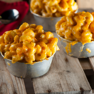 image of three bowls of extra cheesy mac and cheese