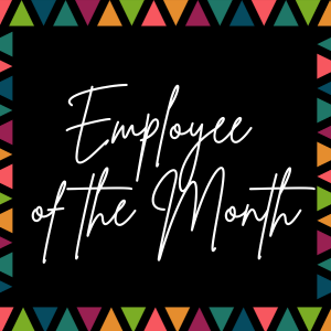 generic canva graphic, black background, geometric border, and the words "employee of the month" in text