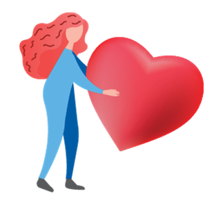 illustrated graphic of young woman holding a large red heart emoji