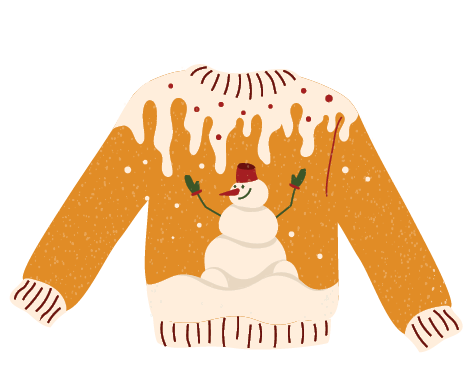 Illustrated graphic of an ugly sweater for National Ugly Sweater Day, bright mustard yellow sweater with snowman and snow